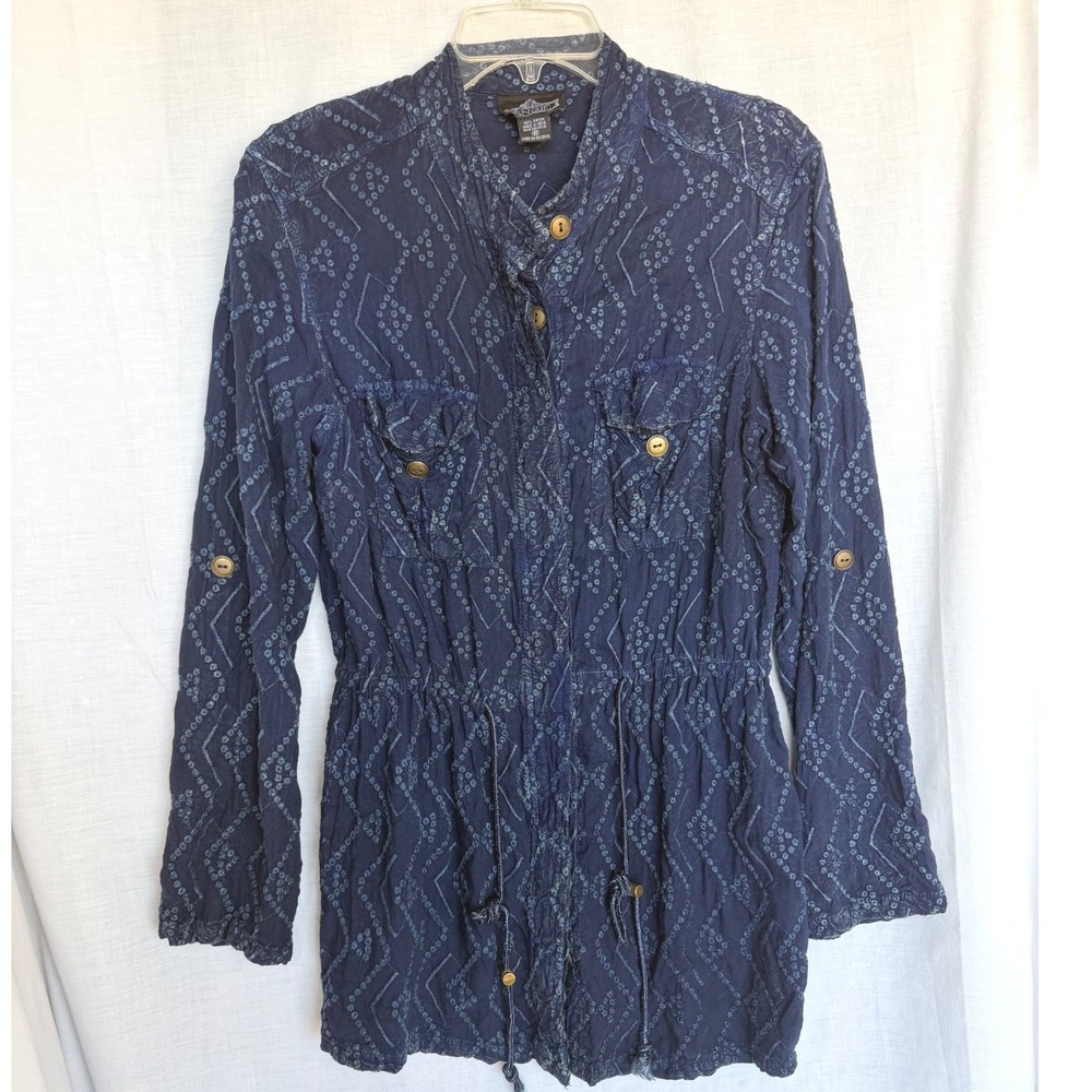 Vintage Angie Utility Layering Tunic Blue Embroidered Drawstring Boho Medium